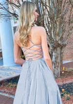 A Line Royal Blue V Neck Satin Prom Dress With Pockets