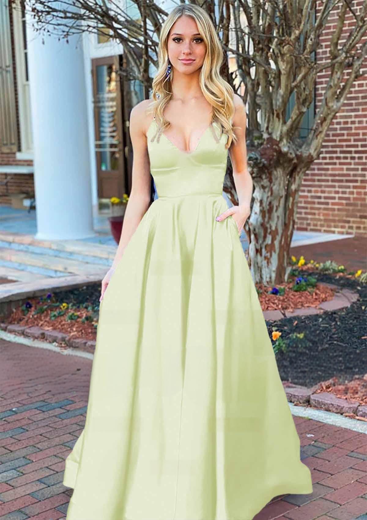 A Line Royal Blue V Neck Satin Prom Dress With Pockets