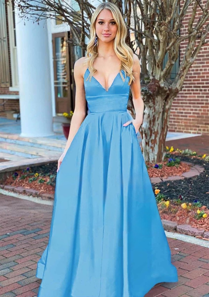 A Line Royal Blue V Neck Satin Prom Dress With Pockets