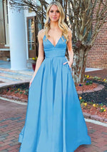 A Line Royal Blue V Neck Satin Prom Dress With Pockets