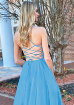 A Line Royal Blue V Neck Satin Prom Dress With Pockets