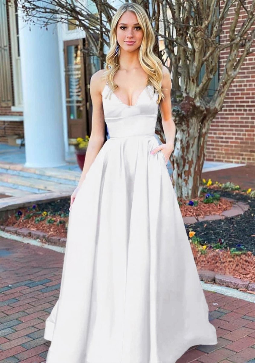 A Line Royal Blue V Neck Satin Prom Dress With Pockets