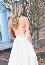 A Line Royal Blue V Neck Satin Prom Dress With Pockets