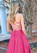 A Line Royal Blue V Neck Satin Prom Dress With Pockets