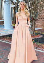 A Line Royal Blue V Neck Satin Prom Dress With Pockets