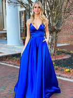 A Line Royal Blue V Neck Satin Prom Dress With Pockets