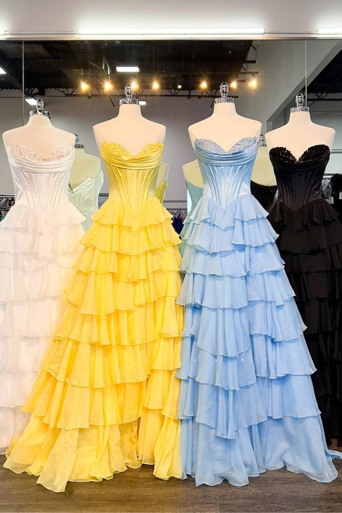 Strapless Applique Corset Ruffle Prom Dress with Slit