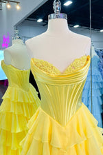 Strapless Applique Corset Ruffle Prom Dress with Slit