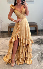 L2385 - Sexy Satin A-line V-Neck Straps Illusion Empire Ruffled With Side Slit Party Prom Evening Dress