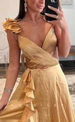 L2385 - Sexy Satin A-line V-Neck Straps Illusion Empire Ruffled With Side Slit Party Prom Evening Dress