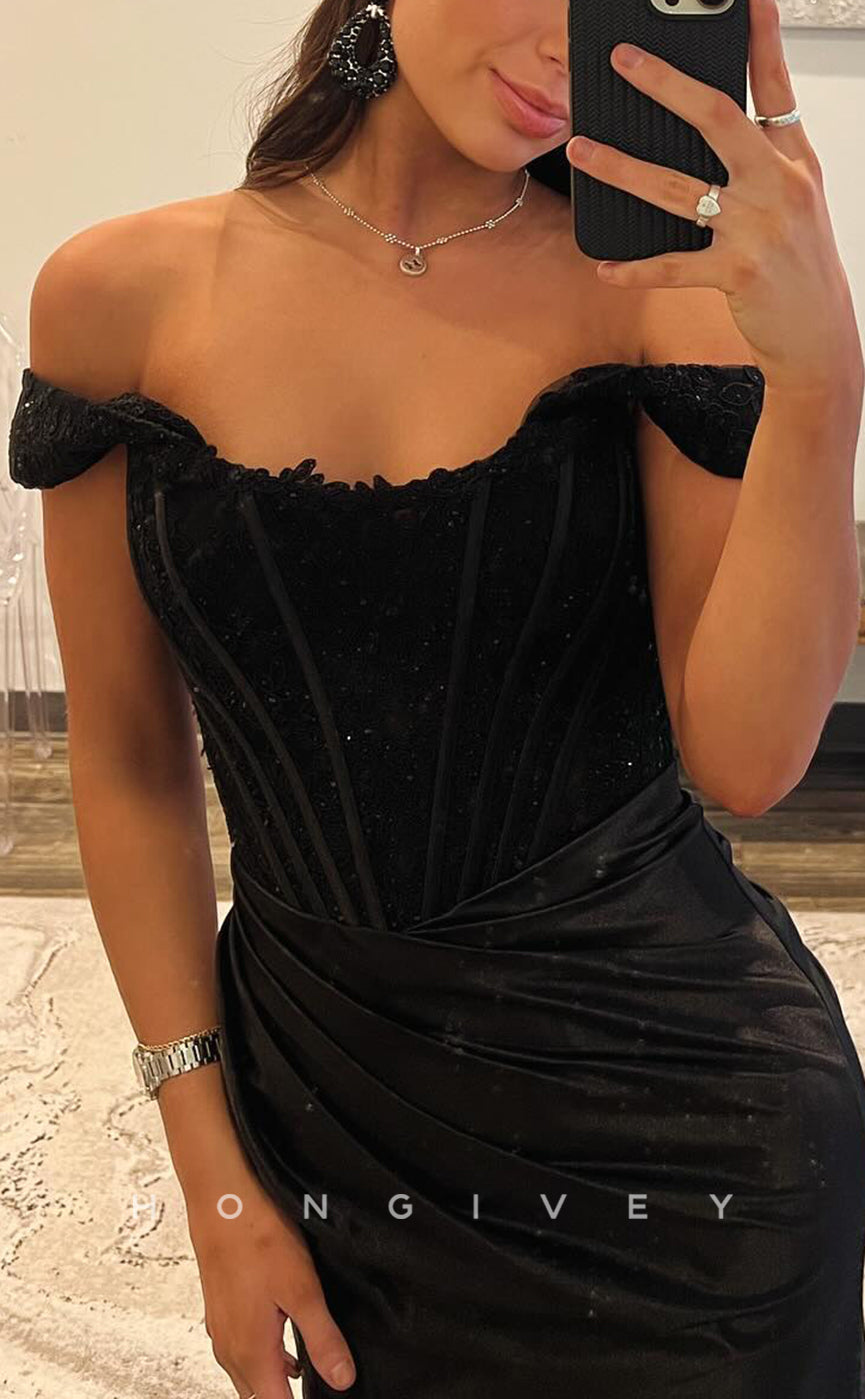 L2729 - Off-Shoulder Satin Trumpet Pleats With Side Slit Train Prom Evening Dress