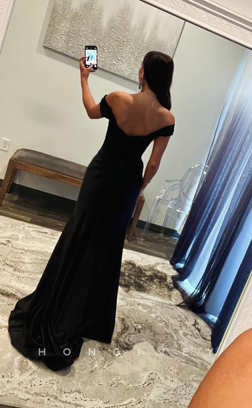 L2729 - Off-Shoulder Satin Trumpet Pleats With Side Slit Train Prom Evening Dress