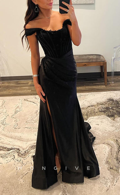 L2729 - Off-Shoulder Satin Trumpet Pleats With Side Slit Train Prom Evening Dress