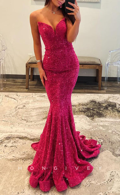 L2724 - Sexy Fully Sequined V-Neck Strapless Trumpet Party Prom Evening Dress