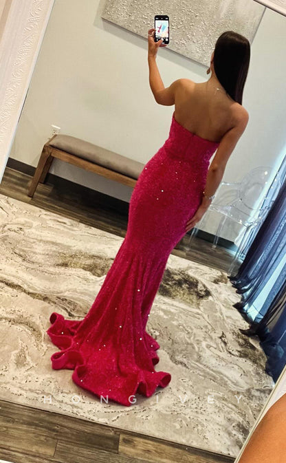 L2724 - Sexy Fully Sequined V-Neck Strapless Trumpet Party Prom Evening Dress