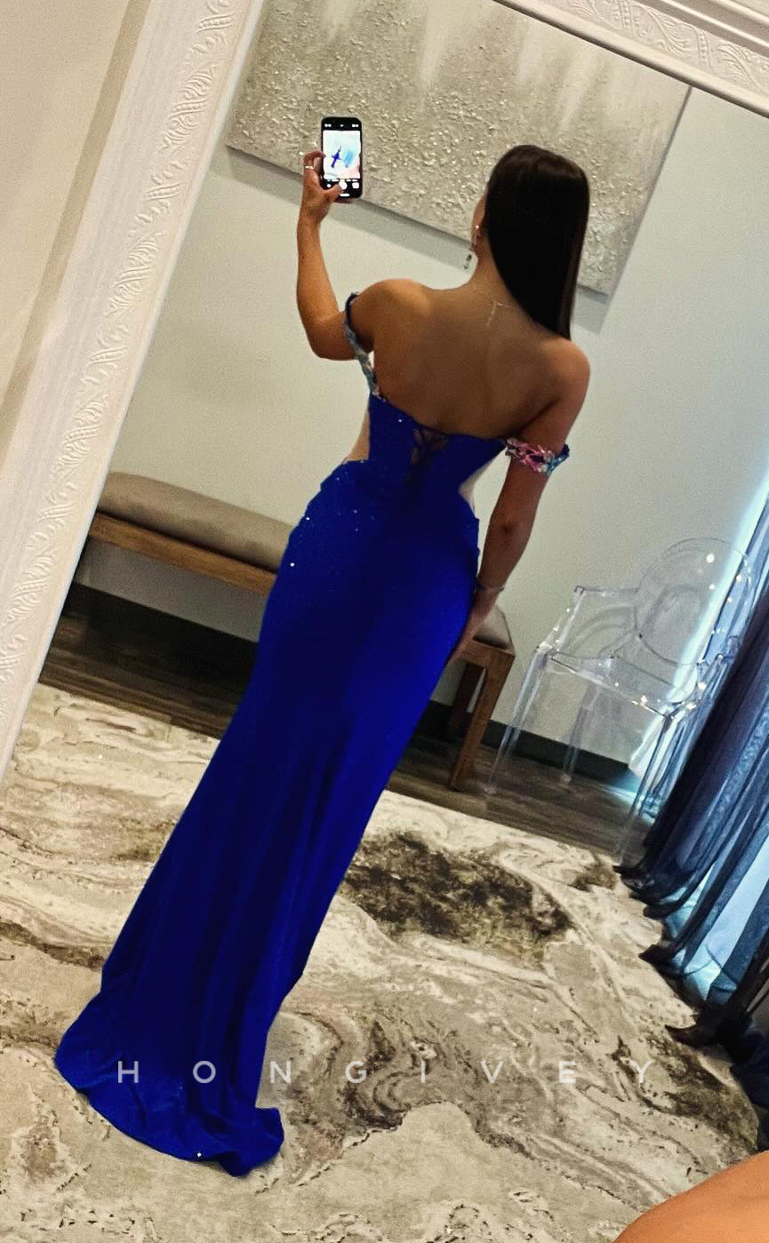 L2728 - Off-Shoulder Fitted Beaded Appliques With Side Slit Prom Evening Dress