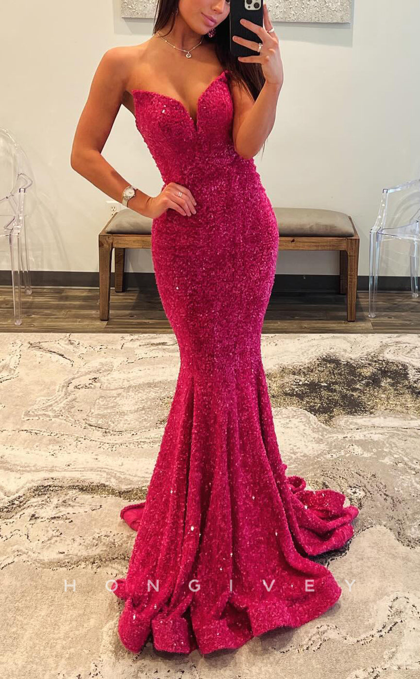 L2724 - Sexy Fully Sequined V-Neck Strapless Trumpet Party Prom Evening Dress