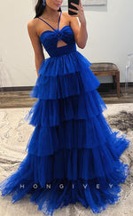 L2743 - Tulle A-Line Halter Empire Tiered With Train Party Prom Evening Dress