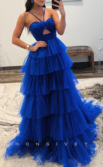 L2743 - Tulle A-Line Halter Empire Tiered With Train Party Prom Evening Dress