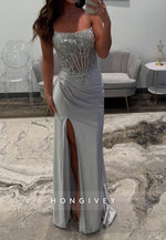 Spaghetti Straps Lace Applique Rhinestone Prom Dresses with Split