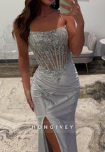 Spaghetti Straps Lace Applique Rhinestone Prom Dresses with Split