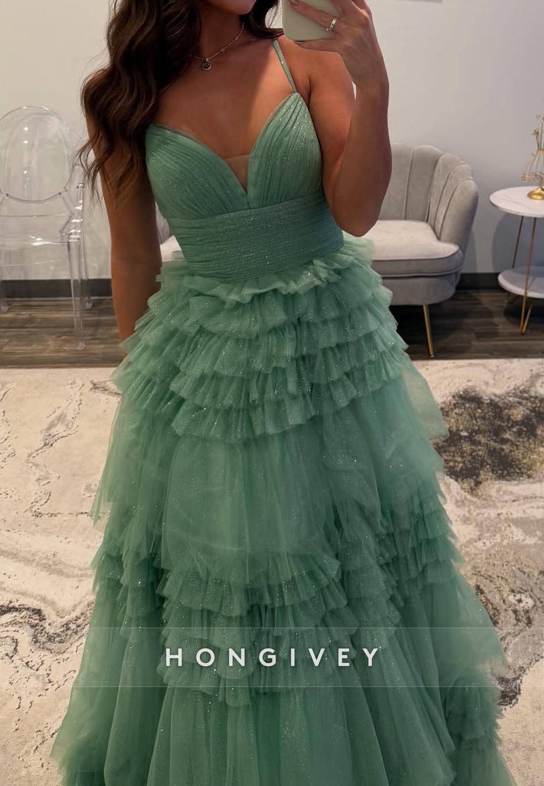 A-Line Spaghetti Straps Pleats Floor-Length Prom Dresses