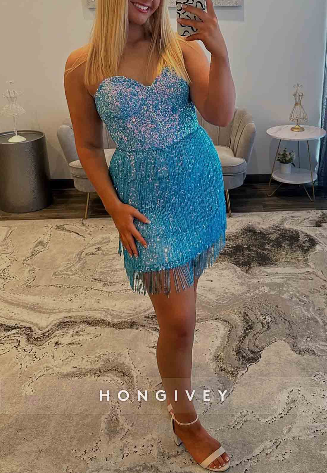 Strapless Glitter Sheath Tassel Pleated Sleeveless Short Homecoming Dresses