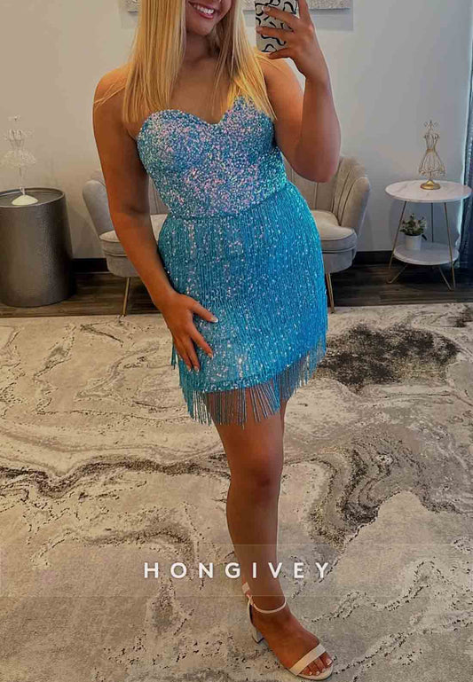 Strapless Glitter Sheath Tassel Pleated Sleeveless Short Homecoming Dresses