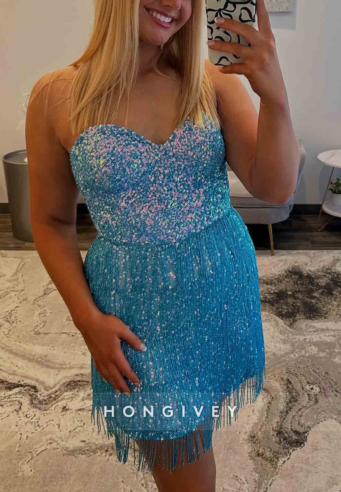 Strapless Glitter Sheath Tassel Pleated Sleeveless Short Homecoming Dresses