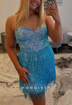 Strapless Glitter Sheath Tassel Pleated Sleeveless Short Homecoming Dresses