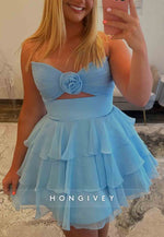 A-Line Strapless Flower Pleated Ruched Sleeveless Short Homecoming Dresses