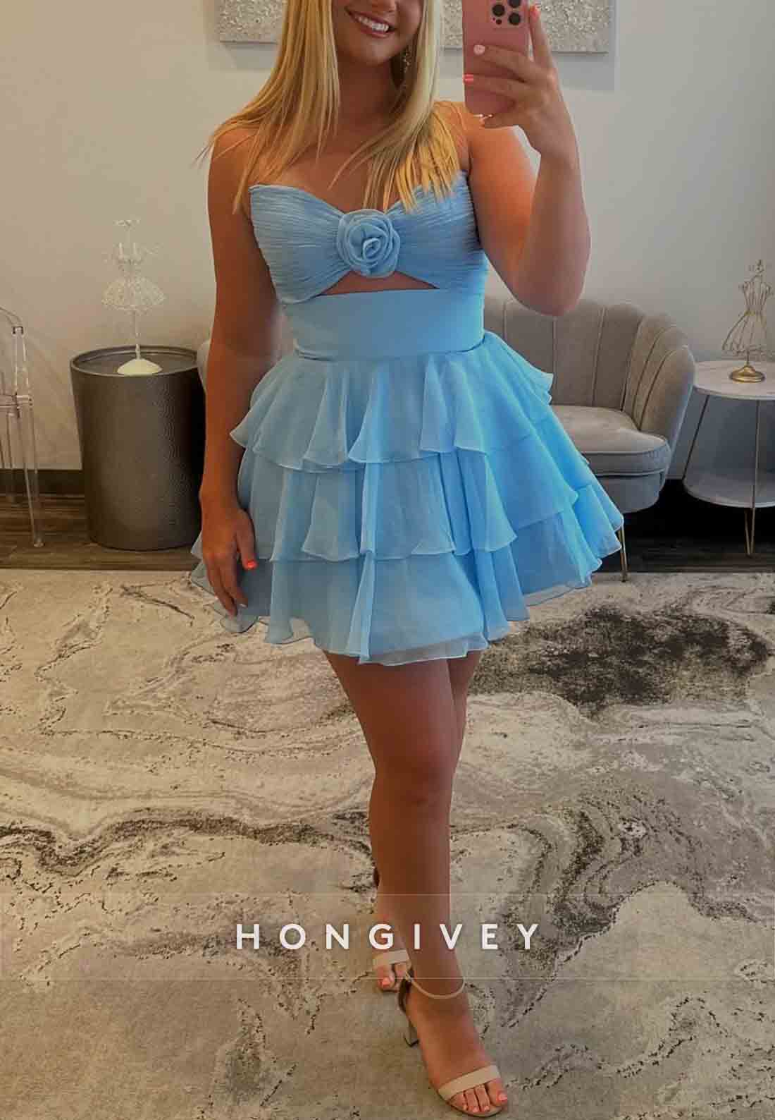 A-Line Strapless Flower Pleated Ruched Sleeveless Short Homecoming Dresses