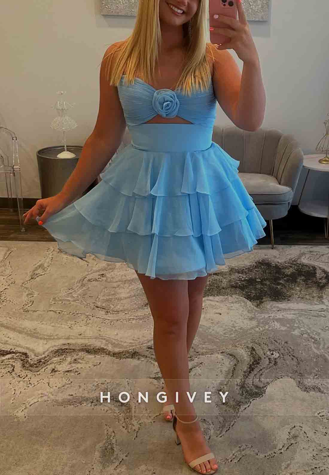 A-Line Strapless Flower Pleated Ruched Sleeveless Short Homecoming Dresses