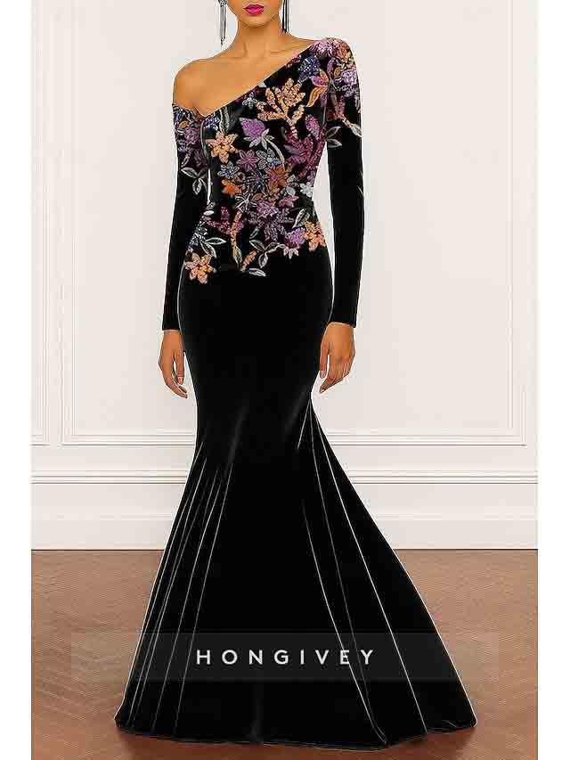 One Shoulder Mermaid Long Sleeve Appliqued Evening Dress