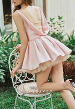 Blush Sleeveless Elastic Satin Ladder Back Mini Princess Homecoming Dresses