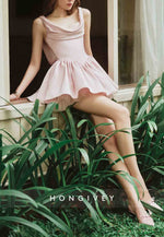 Blush Sleeveless Elastic Satin Ladder Back Mini Princess Homecoming Dresses