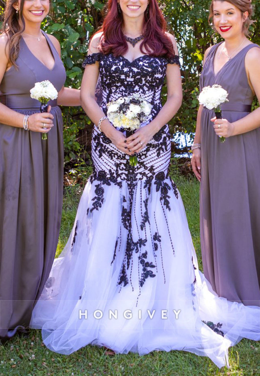 Black And White Off the Shoulder Tulle Trumpet Wedding Dress with Appliques