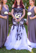 Black And White Off the Shoulder Tulle Trumpet Wedding Dress with Appliques