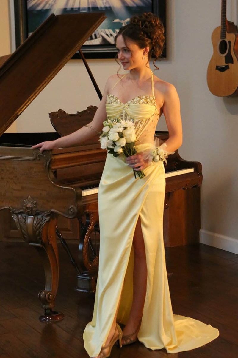 Yellow - Halter Pleated Sheath Satin Long Prom Dresses With Beading