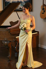 Yellow - Halter Pleated Sheath Satin Long Prom Dresses With Beading