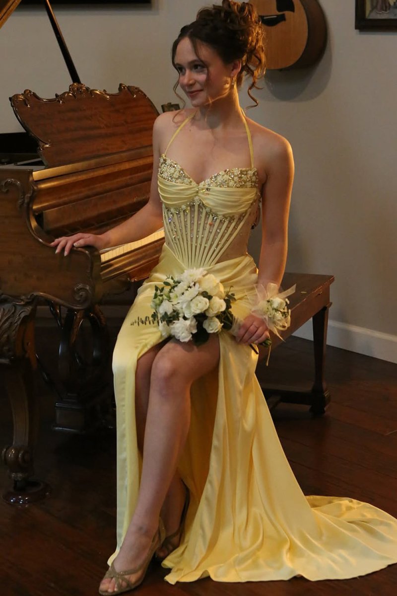 Yellow - Halter Pleated Sheath Satin Long Prom Dresses With Beading