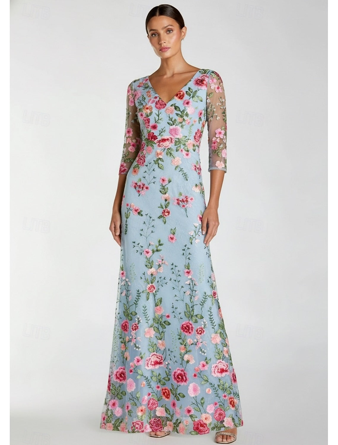Flowers Floral Print V-Neck 3/4 Sleeve Mermaid Evening Dress