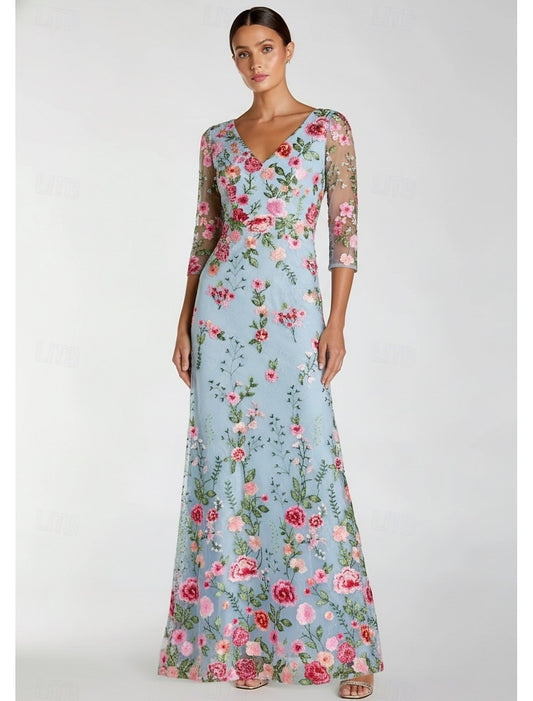 Flowers Floral Print V-Neck 3/4 Sleeve Mermaid Evening Dress