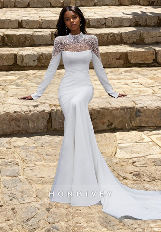 H1554 - Sexy Satin Trumpet High Neck Empire Long Sleeve Beaded With Train Wedding Dress