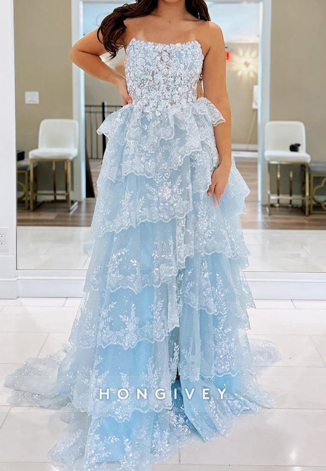 Spakle Bateau Tulle Tiered Ruffles Sequined A-Line Evening Prom Dress Ball Gown