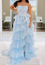 Spakle Bateau Tulle Tiered Ruffles Sequined A-Line Evening Prom Dress Ball Gown