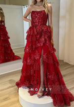 Spakle Bateau Tulle Tiered Ruffles Sequined A-Line Evening Prom Dress Ball Gown