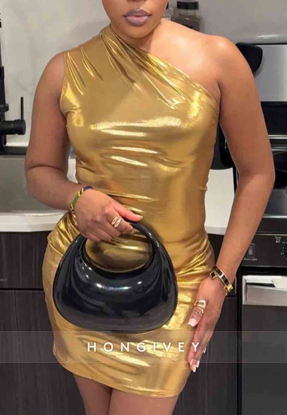 Golden Sheath One Shoulder Pleated Sleeveless Mini Homecoming Dresses