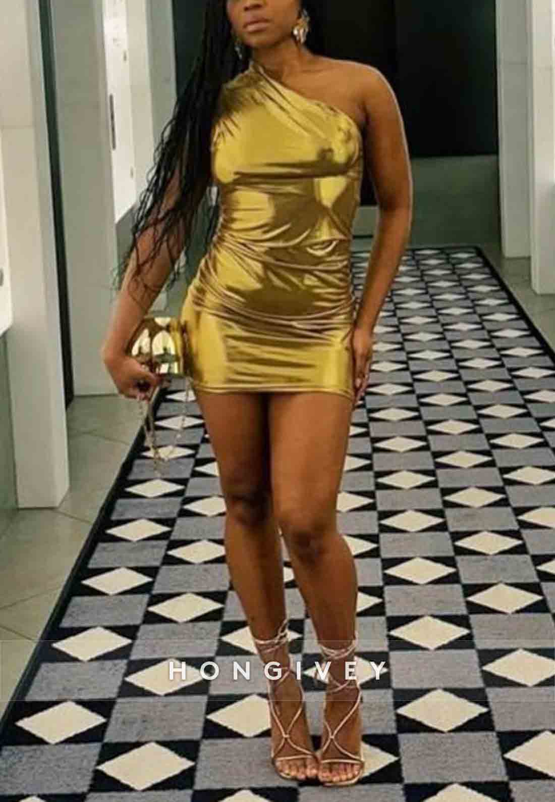 Golden Sheath One Shoulder Pleated Sleeveless Mini Homecoming Dresses