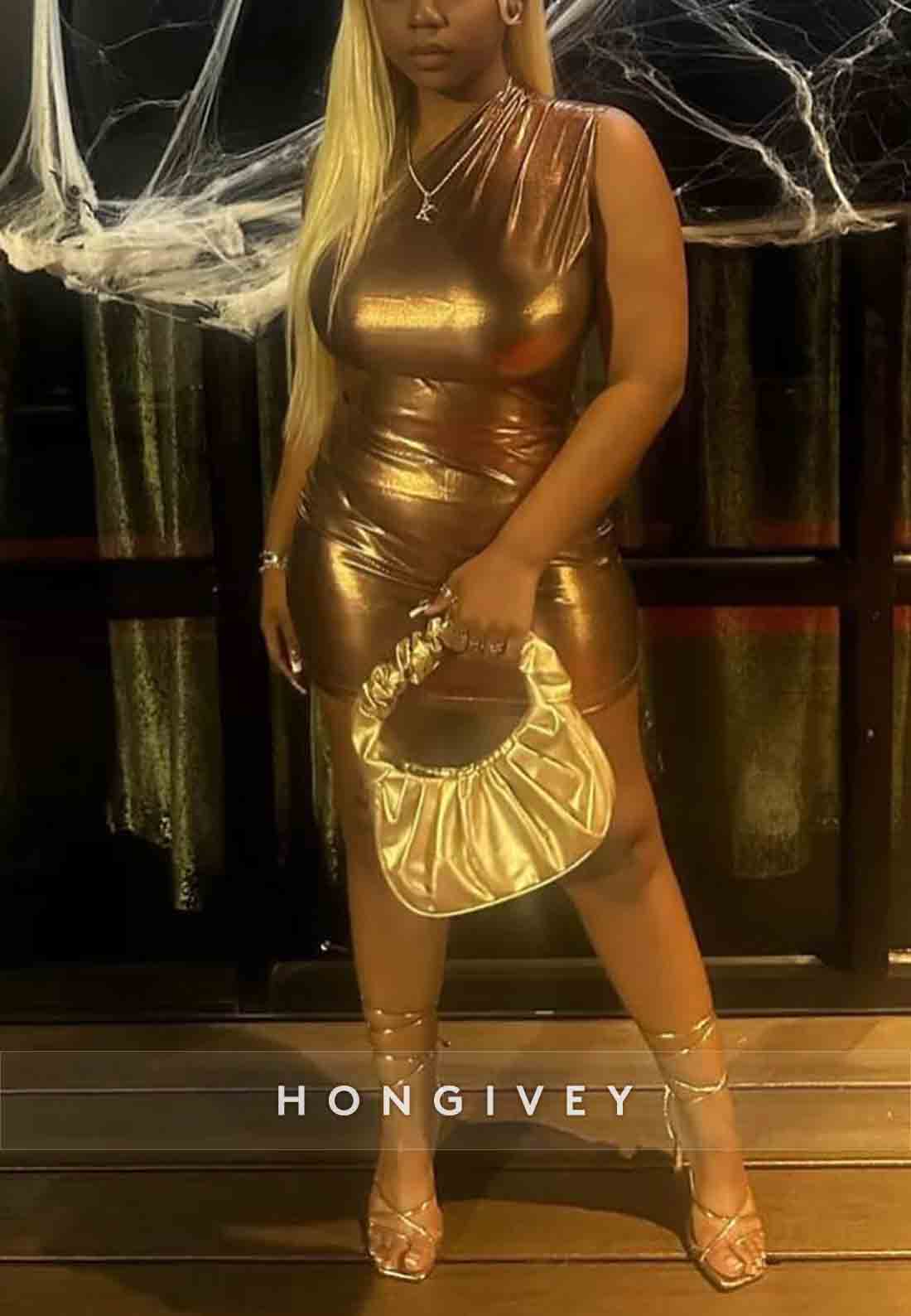 Golden Sheath One Shoulder Pleated Sleeveless Mini Homecoming Dresses